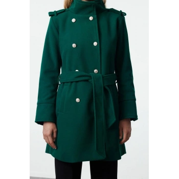 Kadın Moda Şık Regular Dik Yaka Midi Düz Astarlı Kuşaklı Düğmeli Yumuşak Dokulu Kaşe Kaban