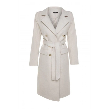 Kadın Moda Şık Fitted Ceket Yaka Uzun Düz Astarlı Fitted Kuşaklı Gold Düğmeli Uzun Yünlü Kaşe Kaban