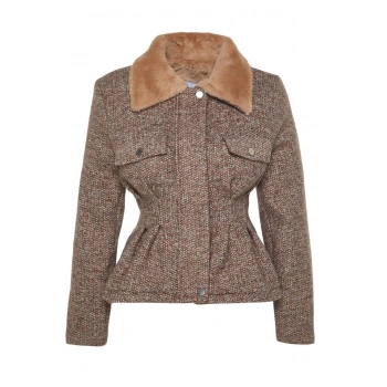 Kadın Moda Şık Regular Gömlek Yaka Standart Kırçıllı Astarlı Peluş Yakalı Tüvit Kaşe Kaban