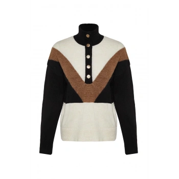 Kadın Moda Şık Dik Yaka Düşük Kol Regular Geniş Kalıp Renk Bloklu Triko Kazak