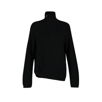 Kadın Moda Şık Dik Yaka Standart Kol Regular Fermuar Detaylı Triko Kazak