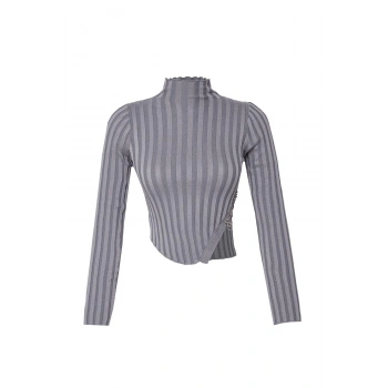Kadın Moda Şık Dik Yaka Standart Kol Crop Süper Triko Kazak