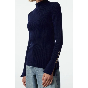 Kadın Moda Şık Bisiklet Yaka Standart Kol Regular Kol Ucu Detaylı Triko Kazak