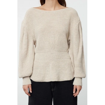 Kadın Moda Şık Kayık Yaka Balon Kol Regular Volanlı Triko Kazak