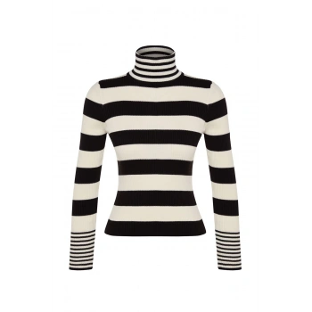 Kadın Moda Şık Balıkçı Yaka Standart Kol Regular Çizgili Triko Kazak