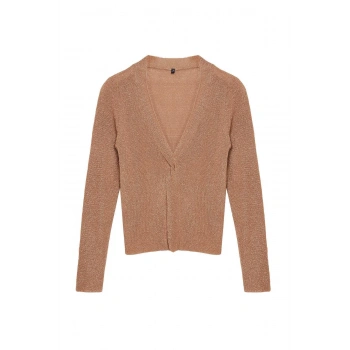 Kadın Moda Şık V Yaka Standart Kol Regular Simli Yırtmaç Detaylı Triko Kazak