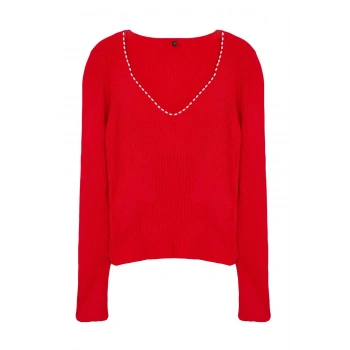 Kadın Moda Şık V Yaka Standart Kol Regular İnci Detaylı Triko Kazak