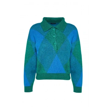 Kadın Moda Şık Polo Yaka Düşük Kol Regular Geniş Kalıp Yumuşak Dokulu Triko Kazak