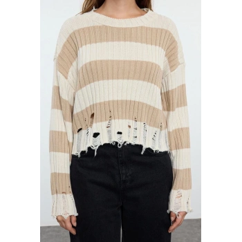 Kadın Moda Şık Bisiklet Yaka Düşük Kol Crop Geniş Kalıp Çizgili Triko Kazak