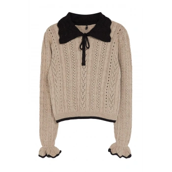 Kadın Moda Şık Polo Yaka Standart Kol Crop Ajurlu Delikli Kurdeleli Detaylı Triko Kazak