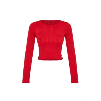 Kadın Moda Şık Bisiklet Yaka Standart Kol Crop Kalp Aksesuarlı Triko Kazak