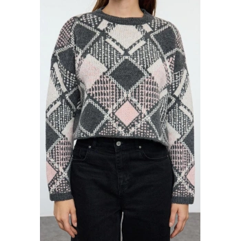 Kadın Moda Şık Bisiklet Yaka Düşük Kol Crop Geniş Kalıp Yumuşak Dokulu Desenli Triko Kazak