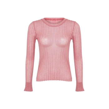 Kadın Moda Şık Bisiklet Yaka Standart Kol Regular Transparan Görünümlü Triko Kazak