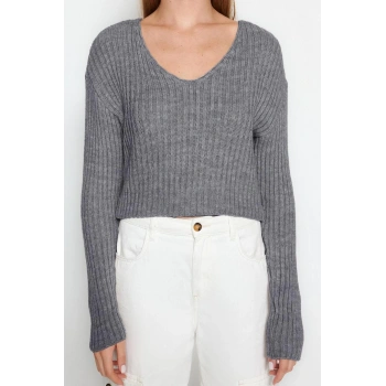 Kadın Moda Şık V Yaka Standart Kol Crop Basic Triko Kazak