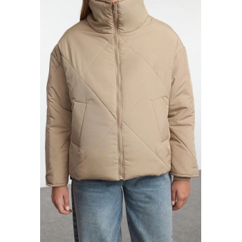 Kadın Moda Şık Oversize Dik Yaka Standart Düz Astarlı Oversize Su İtici Şişme Kapitone Mont