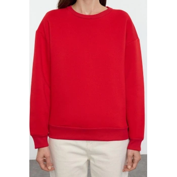 Kadın Regular Bisiklet Yaka Düşük Kol Regular Kalın İçi Polarlı Normal Kalıp Basic Örme Sweatshirt