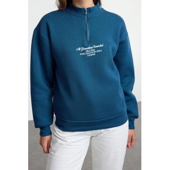 Kadın Moda Bol Fermuarlı Yaka Düşük Kol Uzun Kalın İçi Polarlı Fermuarlı Geniş Kalıp Örme Sweatshirt