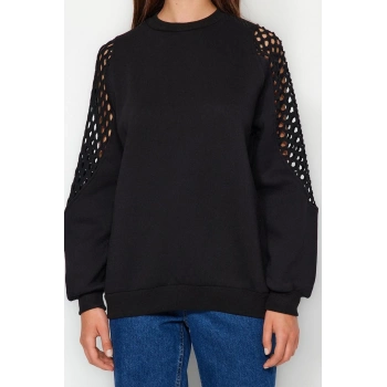 Kadın Bisiklet Yaka Düşük Kol File Detaylı Kalın İçi Polarlı Normal Kalıp Örme Sweatshirt