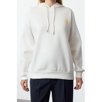 Kadın Moda Şık Bol Kapüşonlu Düşük Kol Uzun Kalın İçi Polarlı Baskılı Geniş Kalıp Örme Sweatshirt