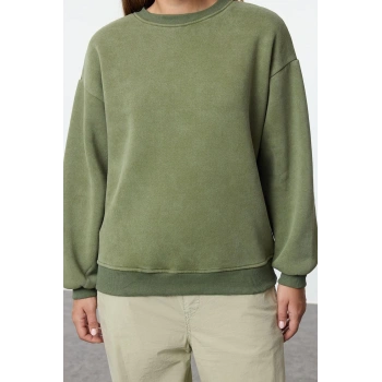 Kadın Moda Bol Bisiklet Yaka Düşük Kol Uzun Eskitme Kalın İçi Polarlı Geniş Kalıp Örme Sweatshirt