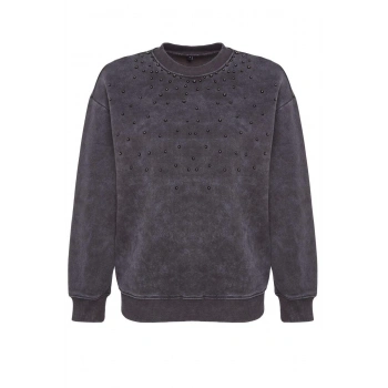 Kadın Regular Bisiklet Yaka Düşük Kol Regular Eskitme Kalın İçi Polarlı İnci Detaylı Örme Sweatshirt