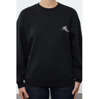 Kadın Bisiklet Yaka Standart Kol Animal Nakışlı Normal Kalıp Kalın İçi Polarlı Örme Sweatshirt