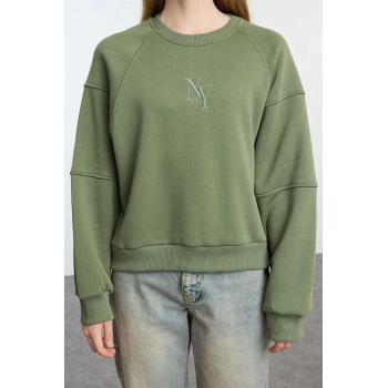 Kadın Moda Şık Regular Bisiklet Yaka Düşük Kol Crop Fit Nakışlı Kalın İçi Polarlı Örme Sweatshirt