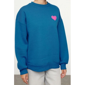 Kadın Oversize Bisiklet Yaka Düşük Kol Uzun Kalın Polarlı  Sırt Kabartma Baskılı Örme Sweatshirt