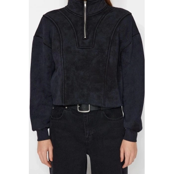 Kadın Crop Fermuarlı Yaka Düşük Kol Crop Eskitme Kalın İçi Polarlı Rahat Kesim Crop Örme Sweatshirt