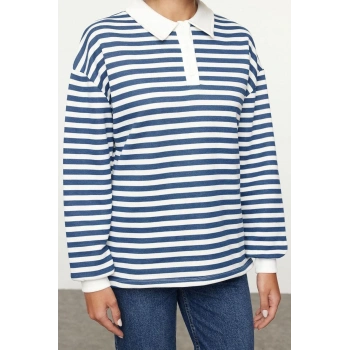 Kadın Moda Oversize Polo Yaka Düşük Kol Regular Çizgili Polo Yaka Kalın İçi Polarlı Örme Sweatshirt