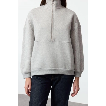 Kadın Oversize Dik Yaka Standart Geniş Kalıp Yarım Fermuarlı Kalın Polarlı Örme Sweatshirt