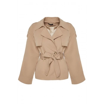 Kadın Moda Şık Oversize Ceket Yaka Standart Düz Astarlı Oversize Geniş Kesim Kemerli Trençkot