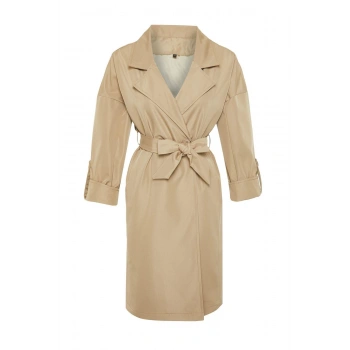 Kadın Moda Şık Oversize Ceket Yaka Midi Düz Astarlı Oversize Kuşaklı Su İtici Uzun Trençkot