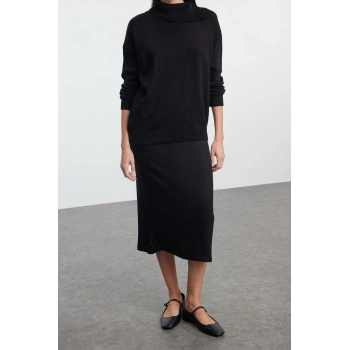 Kadın Moda Şık Regular Boy Uzun Kollu Geniş Kalıp Balıkçı Yaka Triko Alt-Üst Takım