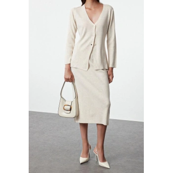 Kadın Moda Şık Regular Uzun Boy Uzun Kollu Kahverengi Triko Alt-Üst Takım