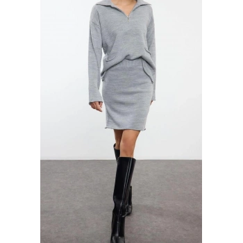 Kadın Moda Şık Regular Boy Uzun Kollu Fermuarlı Triko Alt-Üst Takım