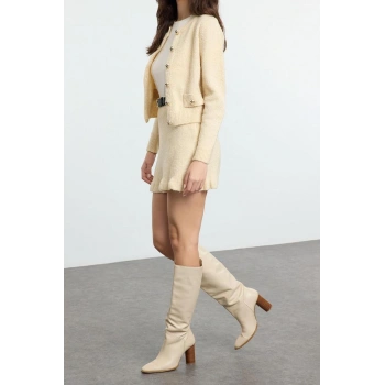 Kadın Moda Şık Regular Boy Uzun Kollu Buklet Kemerli Triko Alt-Üst Takım