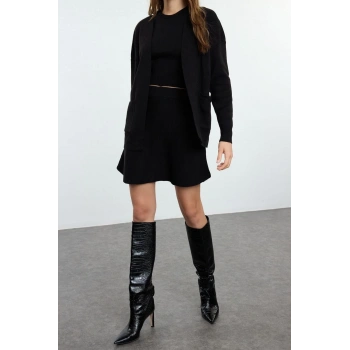 Kadın Moda Şık Regular Boy Uzun Kollu Etek-Bluz-Hırka Üçlü Triko Alt-Üst Takım