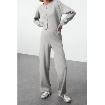 Kadın Moda Şık Regular Crop Boy Uzun Kollu Crop Hırka-Pantalon Triko Alt-Üst Takım