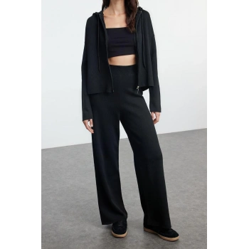 Kadın Moda Şık Regular Boy Uzun Kollu Kapüşonlu Triko Alt-Üst Takım