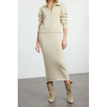 Kadın Moda Şık Regular Boy Uzun Kollu Fermuarlı Triko Alt-Üst Takım