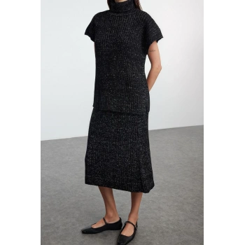 Kadın Moda Şık Regular Boy Kısa Kollu Geniş Kalıp Simli Triko Alt-üst Takım