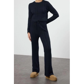 Kadın Moda Şık Regular Boy Uzun Kollu Crop Kazak-Pantolon Triko Alt-Üst Takım