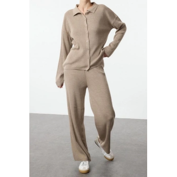 Kadın Moda Şık Regular Boy Uzun Kollu Gömlek-Pantalon Triko Alt-Üst Takım