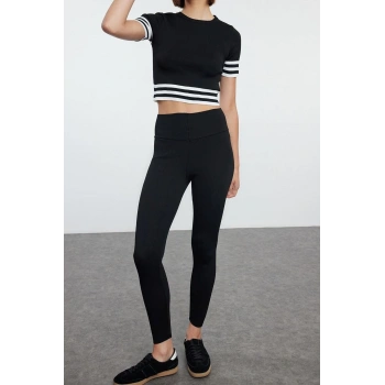 Kadın Moda Şık Regular Uzun Boy Uzun Kollu Çizgili Triko Alt-Üst Takım