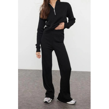 Kadın Moda Şık Regular Uzun Boy Uzun Kollu Fermuarlı Triko Alt-Üst Takım