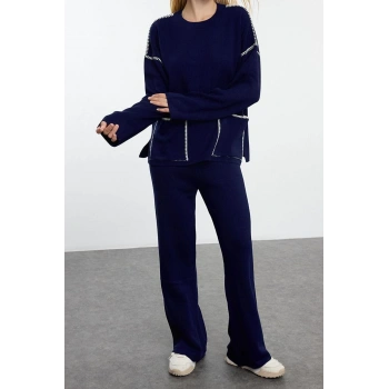 Kadın Moda Şık Regular Boy Uzun Kollu Biye Detaylı Triko Alt-Üst Takım