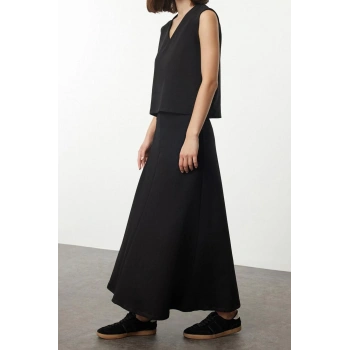 Kadın Moda Şık Regular Boy Uzun Kollu V Yaka Normal Bel Maxi Örme Bluz Etek Alt-Üst Takım