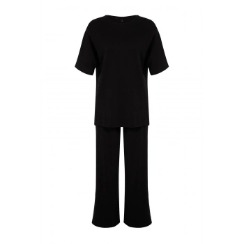 Kadın Moda Şık Geniş Paça Relaxed Rahat Kalıp Geniş Paça Örme Bluz Pantolon Alt-Üst Takım