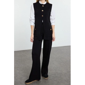 Kadın Moda Şık Regular Uzun Boy Uzun Kollu Düğme Detaylı Yelek-Pantolon Triko Alt-Üst Takım